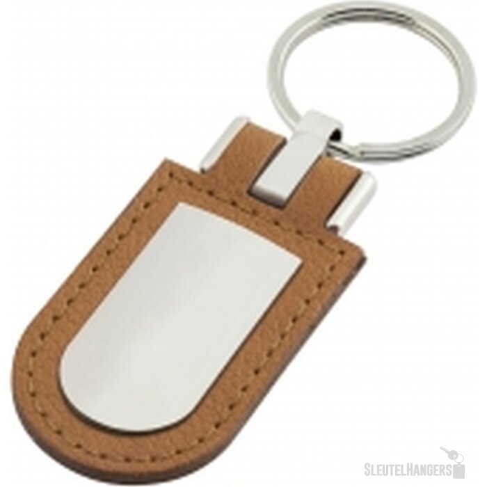 Sleutelhanger leder met metalen plaatje bruin