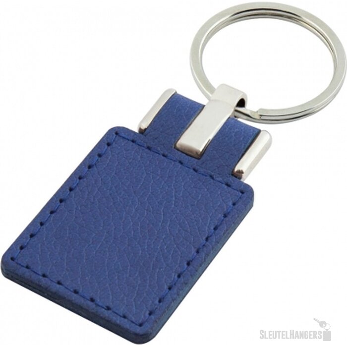 Sleutelhanger leder met metalen plaatje rechthoek blauw