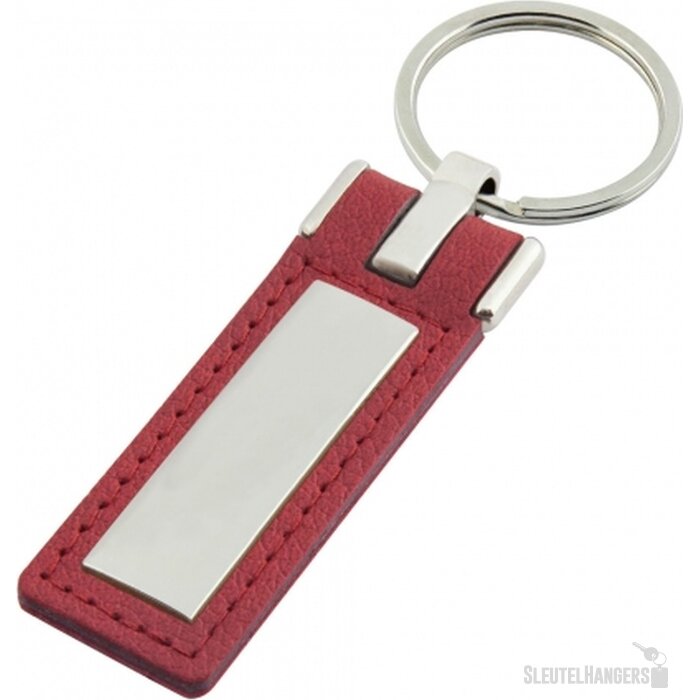 Sleutelhanger leder met metalen plaatje lang rood