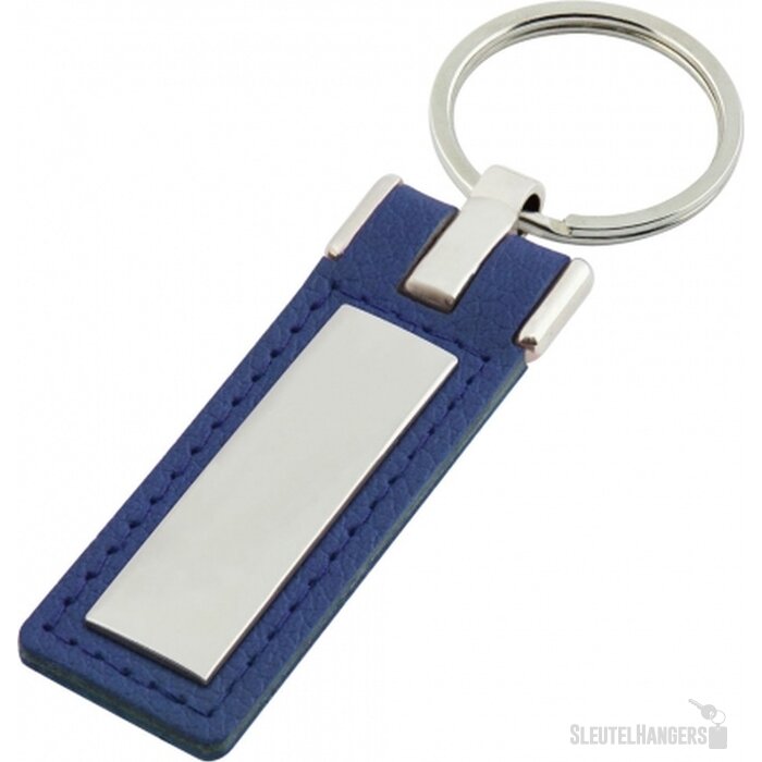 Sleutelhanger leder met metalen plaatje lang blauw