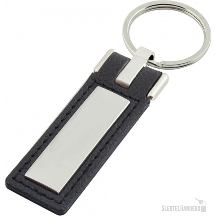 Sleutelhanger leder met metalen plaatje lang zwart