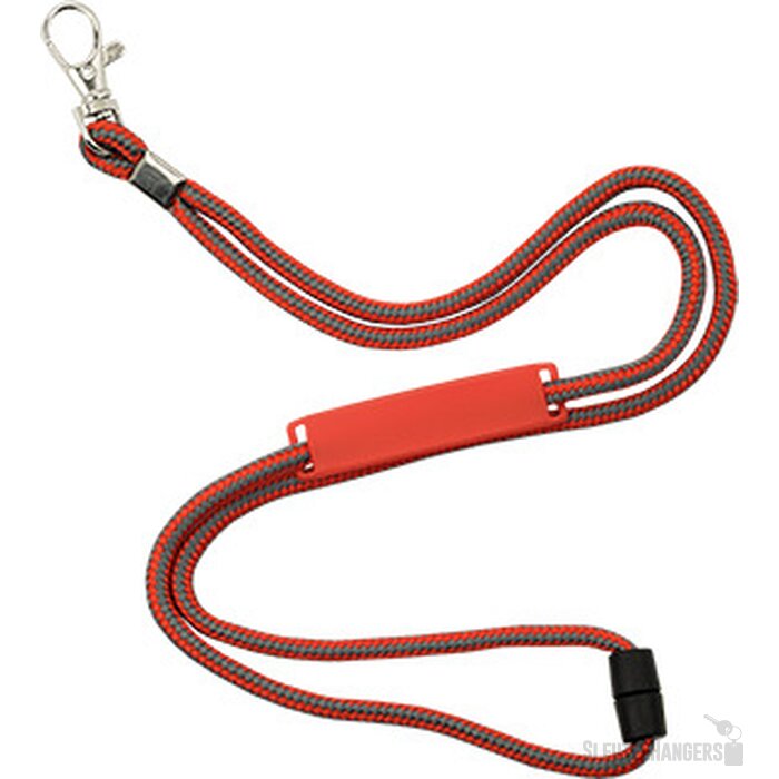 Polyester koordlanyard met veiligheidssluiting en naamlabel rood