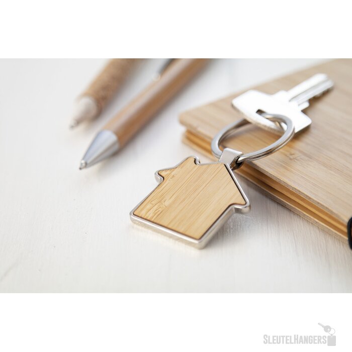 Huisvormige Sleutelhanger Met Houten Inlay Naturel