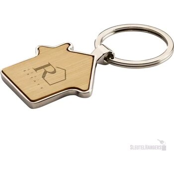 Huisvormige Sleutelhanger Met Houten Inlay Naturel Huisvormige Sleutelhanger Met Houten Inlay Naturel