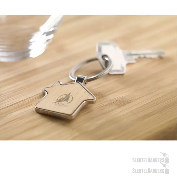 Huisvormige Sleutelhanger Met Houten Inlay Naturel