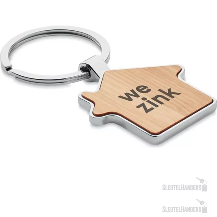 Huisvormige Sleutelhanger Met Houten Inlay Naturel