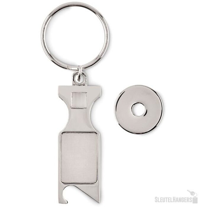 Sleutelhanger met muntje en flesopener Zilver