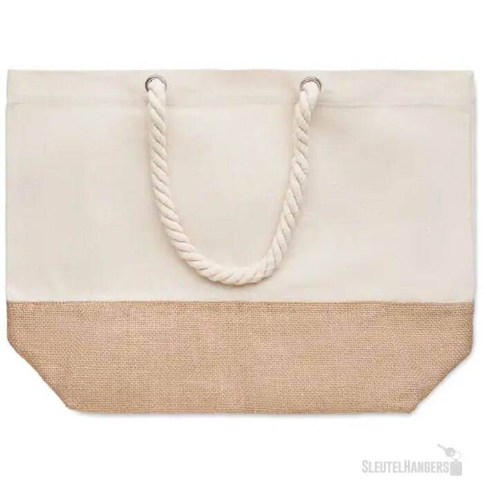 Canvas strandtas met jute detail Beige