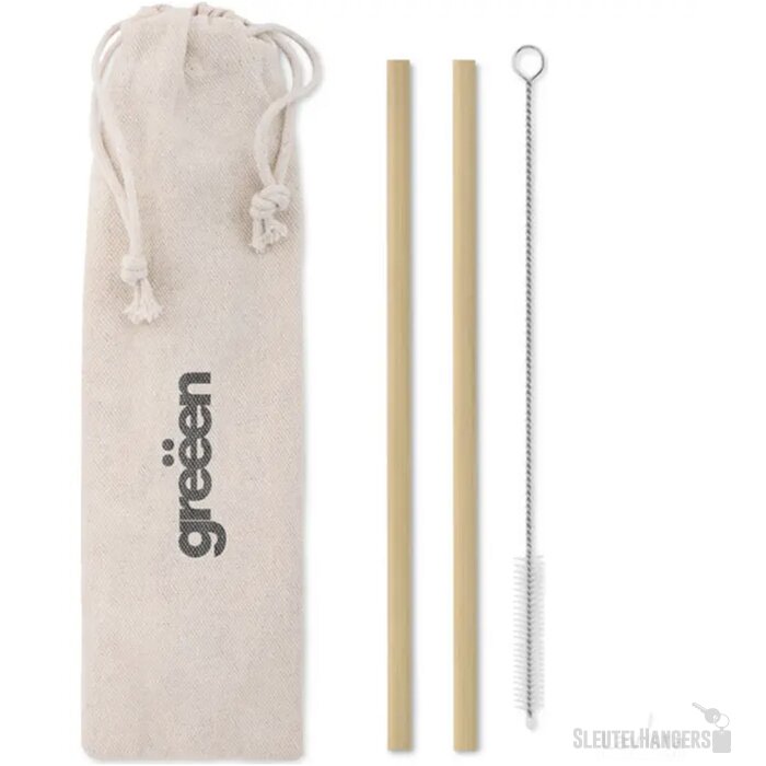 Set met 2 bamboe rietjes in zakje Beige