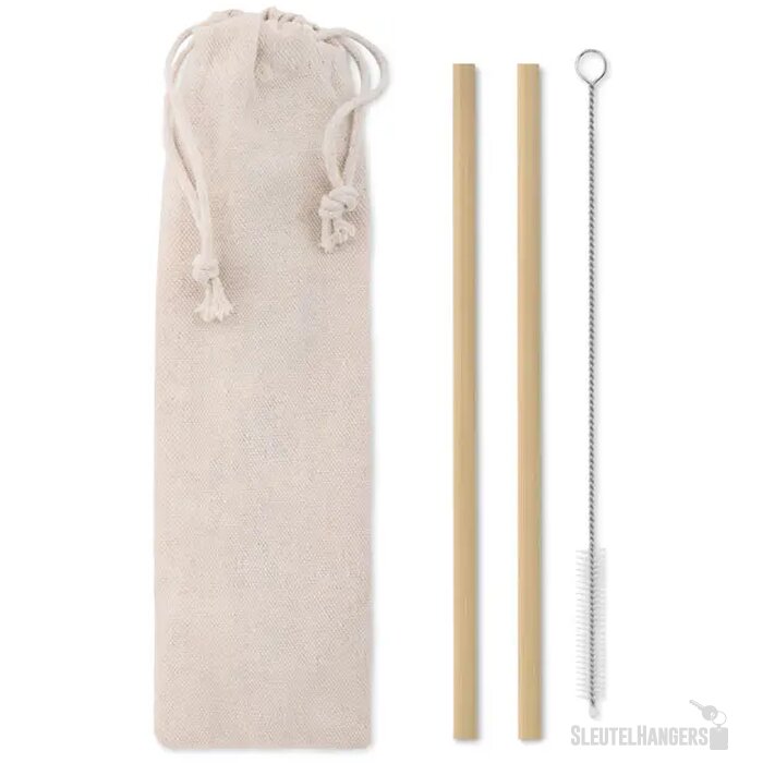 Set met 2 bamboe rietjes in zakje Beige