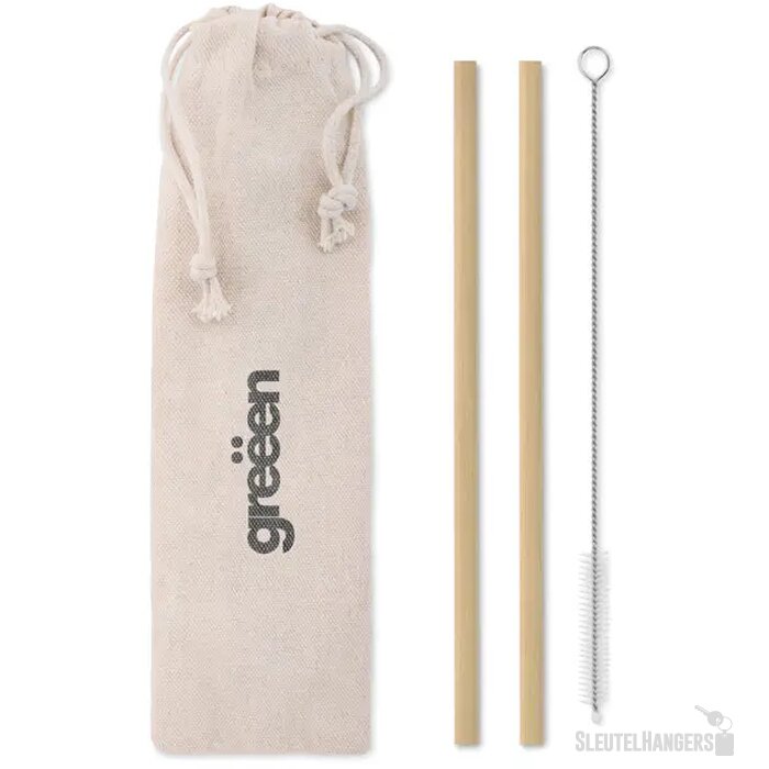 Set met 2 bamboe rietjes in zakje Beige