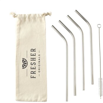 Set Met 4 Rvs Rietjes In Pouch Zilver