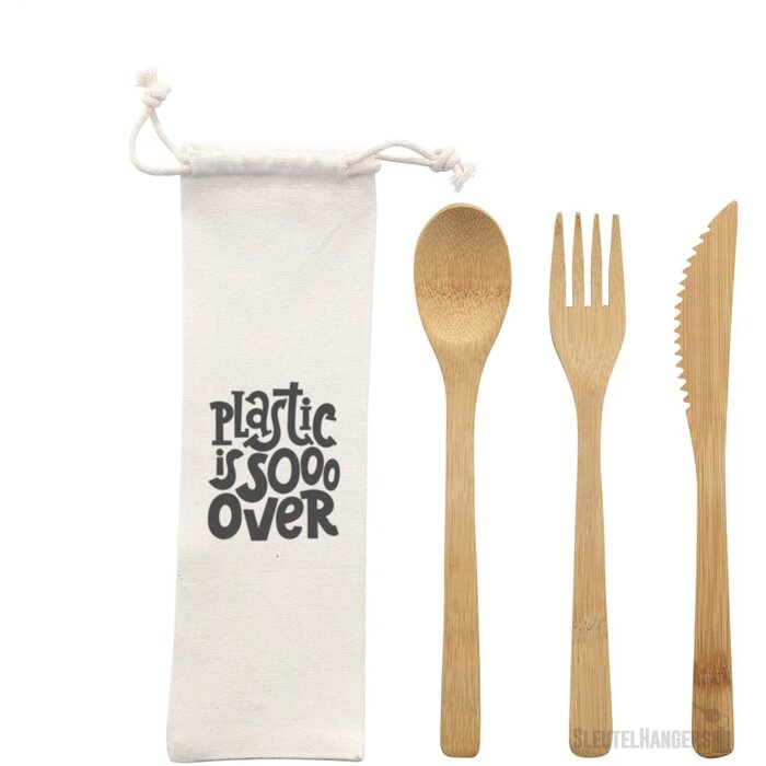 Bamboe bestek in katoenen zakje Bruin