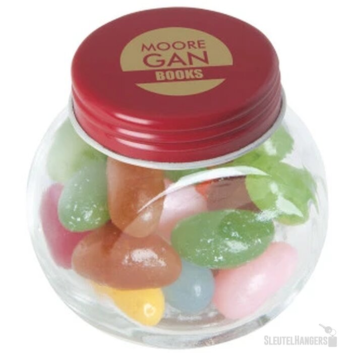 Kleine glazen pot met snoep (40 gram) Rood