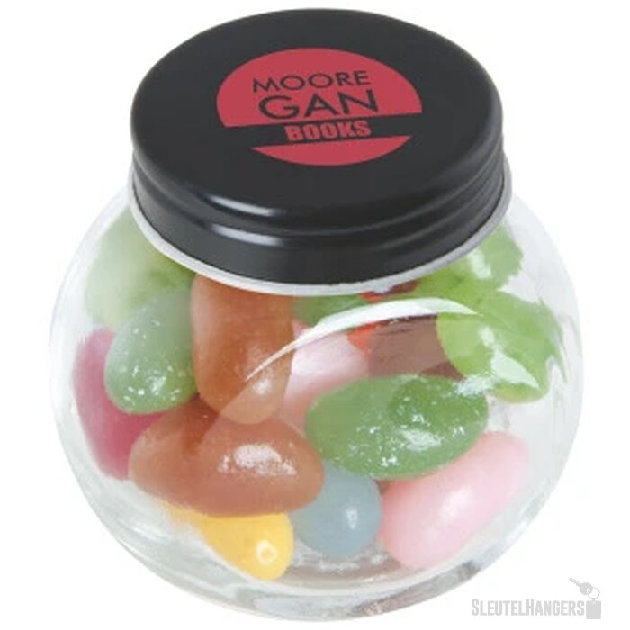 Kleine glazen pot met snoep (40 gram) Zwart