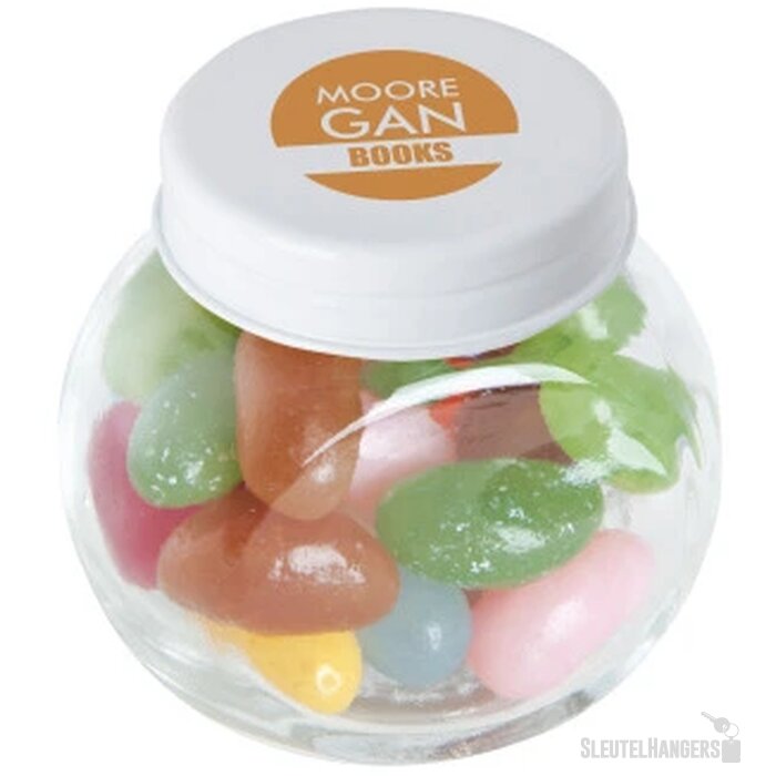 Kleine glazen pot met snoep (40 gram) Wit