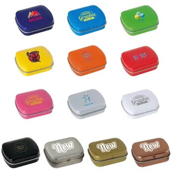 Klein blik met ca. 10 gr. extra strong mints lichtblauw