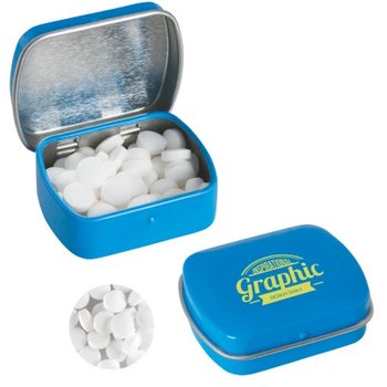 Klein blik met ca. 10 gr. extra strong mints lichtblauw