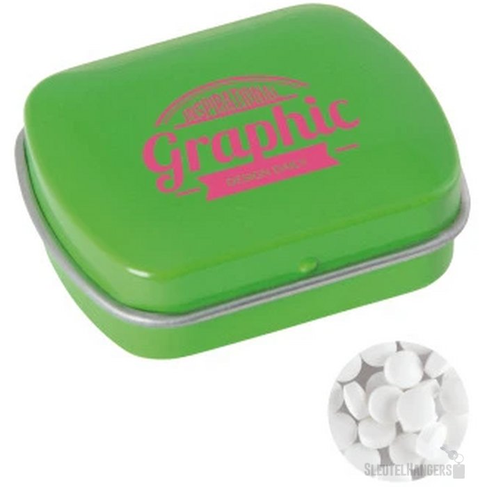 Klein blik met ca. 10 gr. extra strong mints lichtgroen
