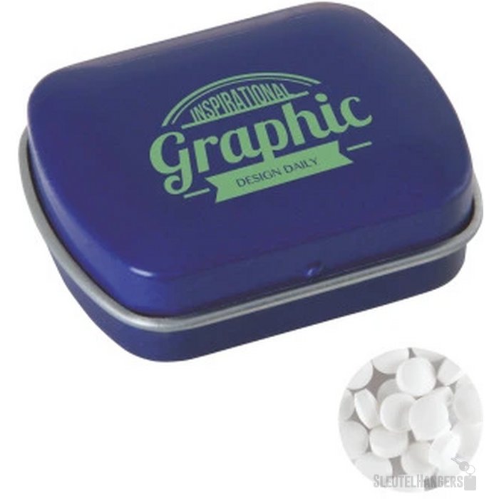 Klein blik met ca. 10 gr. extra strong mints donkerblauw
