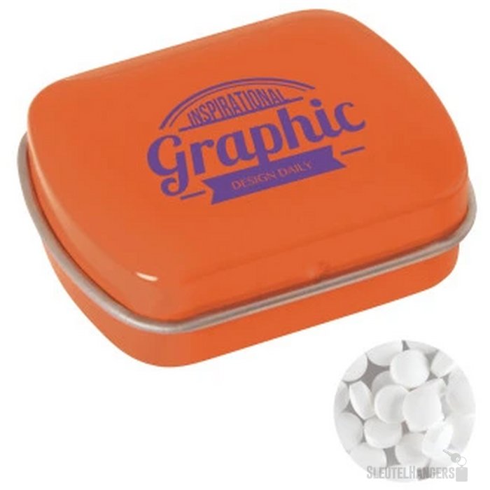 Klein blik met ca. 10 gr. extra strong mints oranje