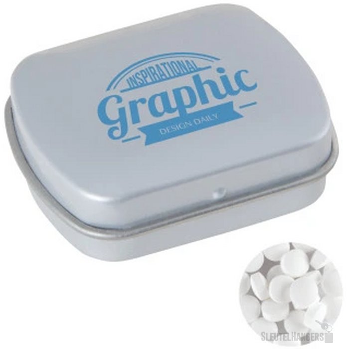 Klein blik met ca. 10 gr. extra strong mints lichtgrijs