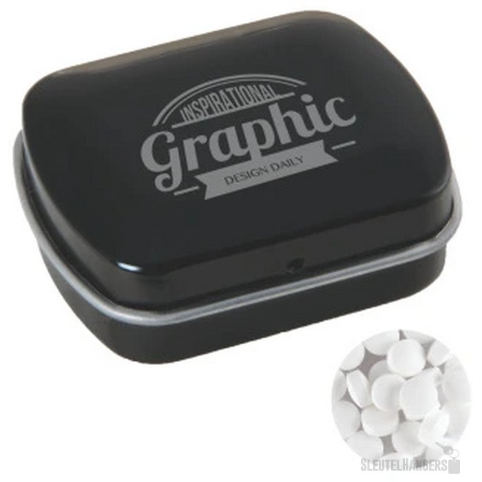 Klein blik met ca. 10 gr. extra strong mints zwart