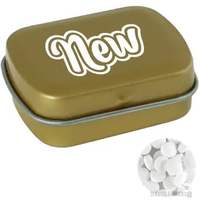 Klein blik met ca. 10 gr. extra sterke `triangle` mintjes goud