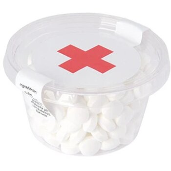 Transparant Biodegradable bakje met los deksel, gevuld met 60 gr. DutchDex Dextrose mints, fruit bolletjes of fruit hartjes transparant