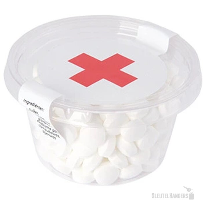 Transparant Biodegradable bakje met los deksel, gevuld met 60 gr. DutchDex Dextrose mints, fruit bolletjes of fruit hartjes transparant