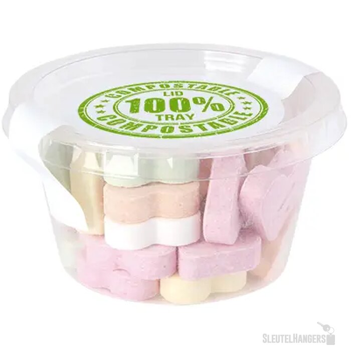 Transparant Biodegradable bakje met los deksel, gevuld met 60 gr. DutchDex Dextrose mints, fruit bolletjes of fruit hartjes transparant