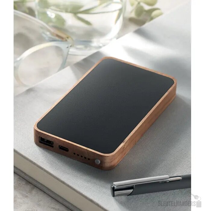 Acaciahout powerbank met leer (4.000 mAh Zwart