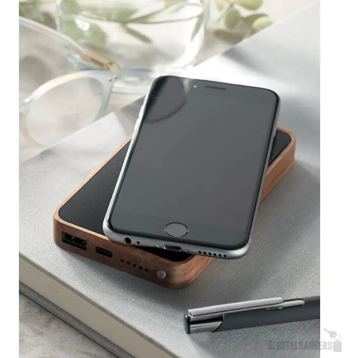 Acaciahout powerbank met leer (4.000 mAh Zwart