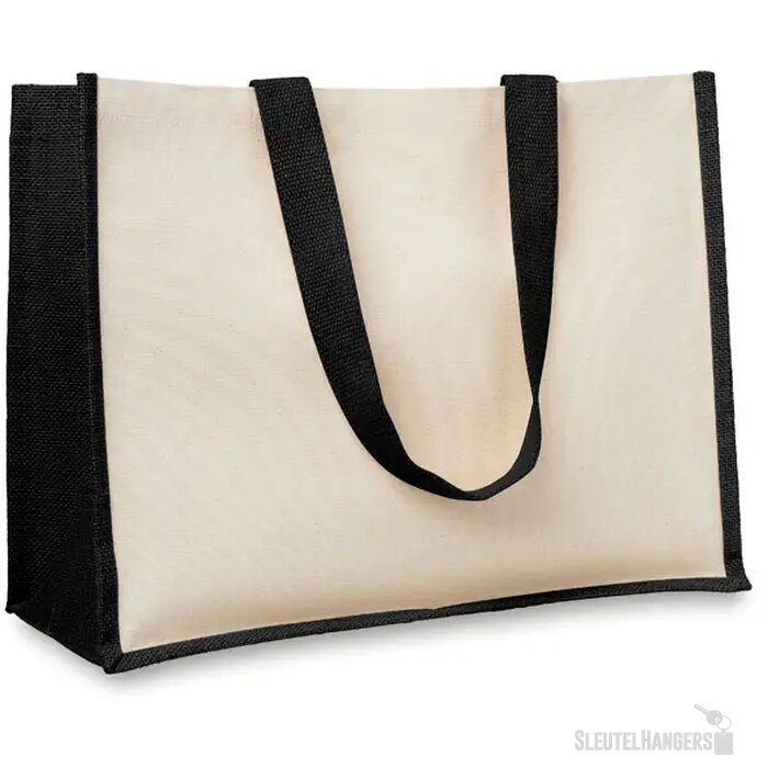 Jute/canvas boodschappentas Campo de fiori zwart