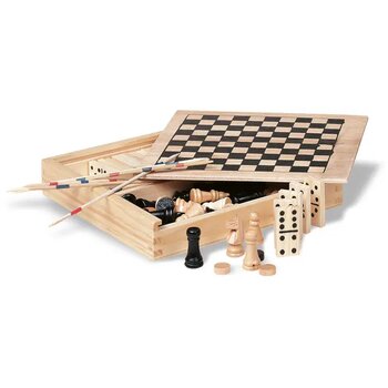 4 spelletjes in houten doos Trikes Bruin