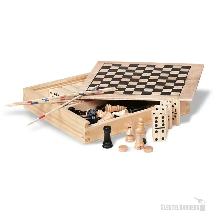 4 spelletjes in houten doos Trikes Bruin