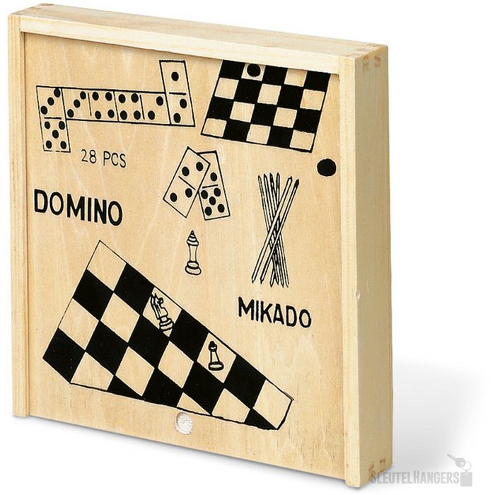 4 spelletjes in houten doos Trikes Bruin