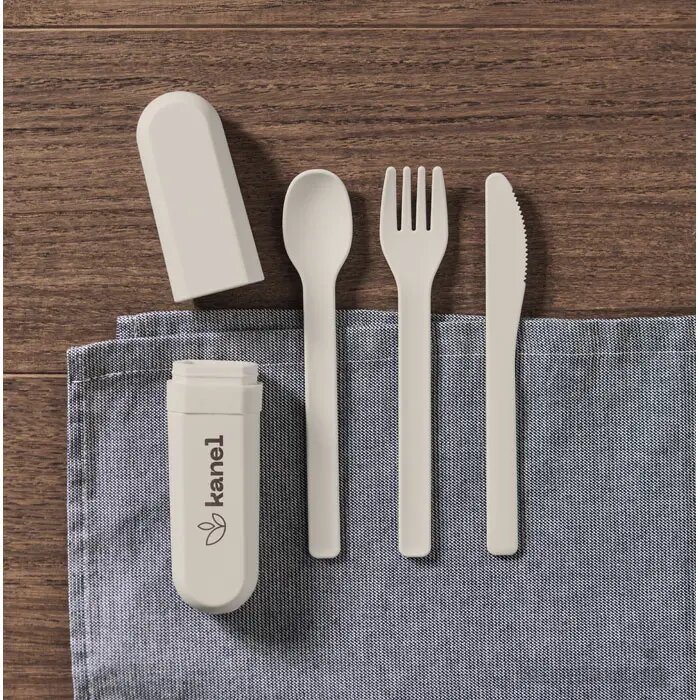 Bestekset en koker in pla Biteful beige