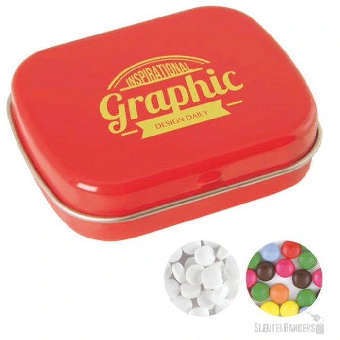 Scharnierblik met snoepjes Rood