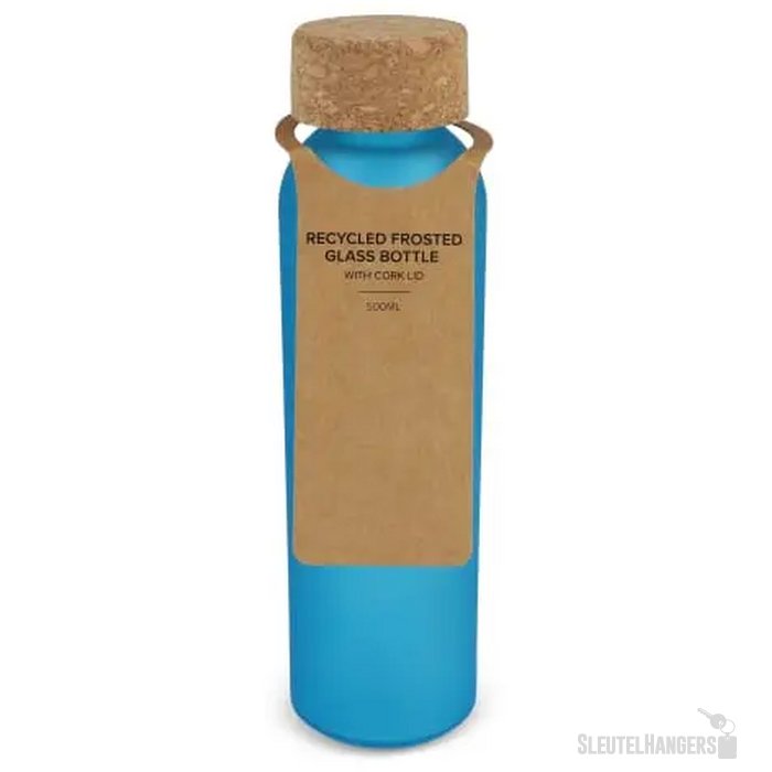 Matglazen gerecycled fles met kurken dop 500ml ecru / blauw