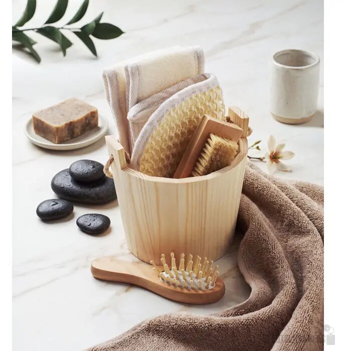 Badcadeauset in houten emmer Selfcare hout